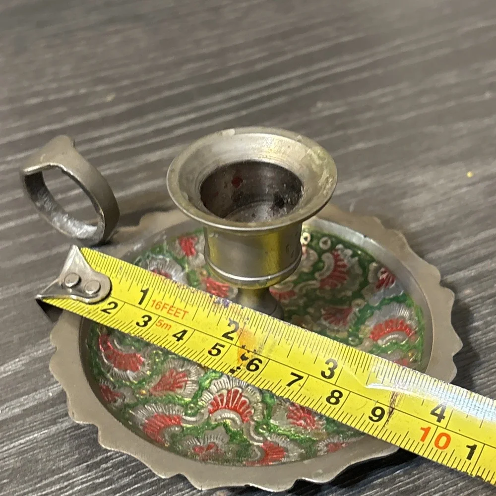 Vtg Enameled Cloisonne Brass Hand Paint‎ s Flamingos Candlestick Candle Holder
